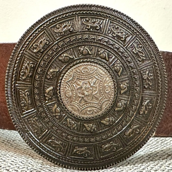 Chico’s Bohemian Medallion Beaded Brown Leather Belt Small 38.5” Coastal Boho - Picture 4 of 13